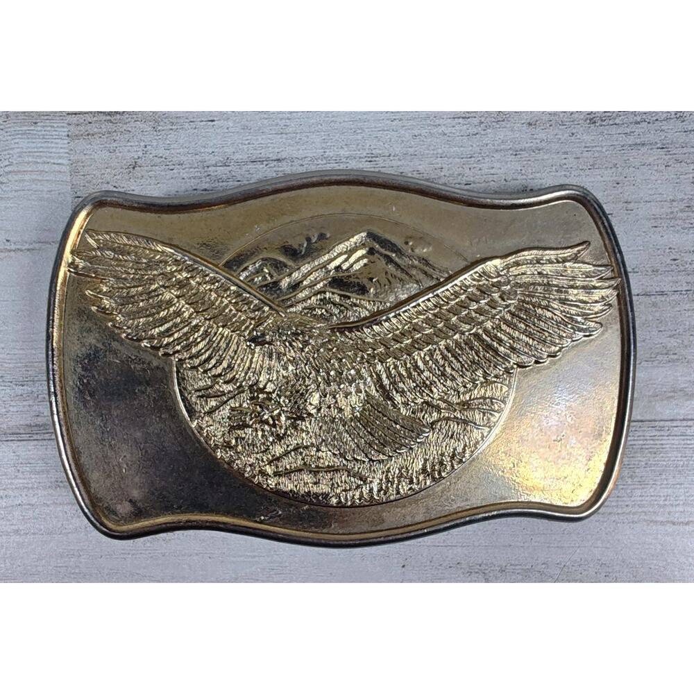 VTG Western Style Gold Tone Eagle & Mountains Belt Buckle 3.5" 53323 Unbranded